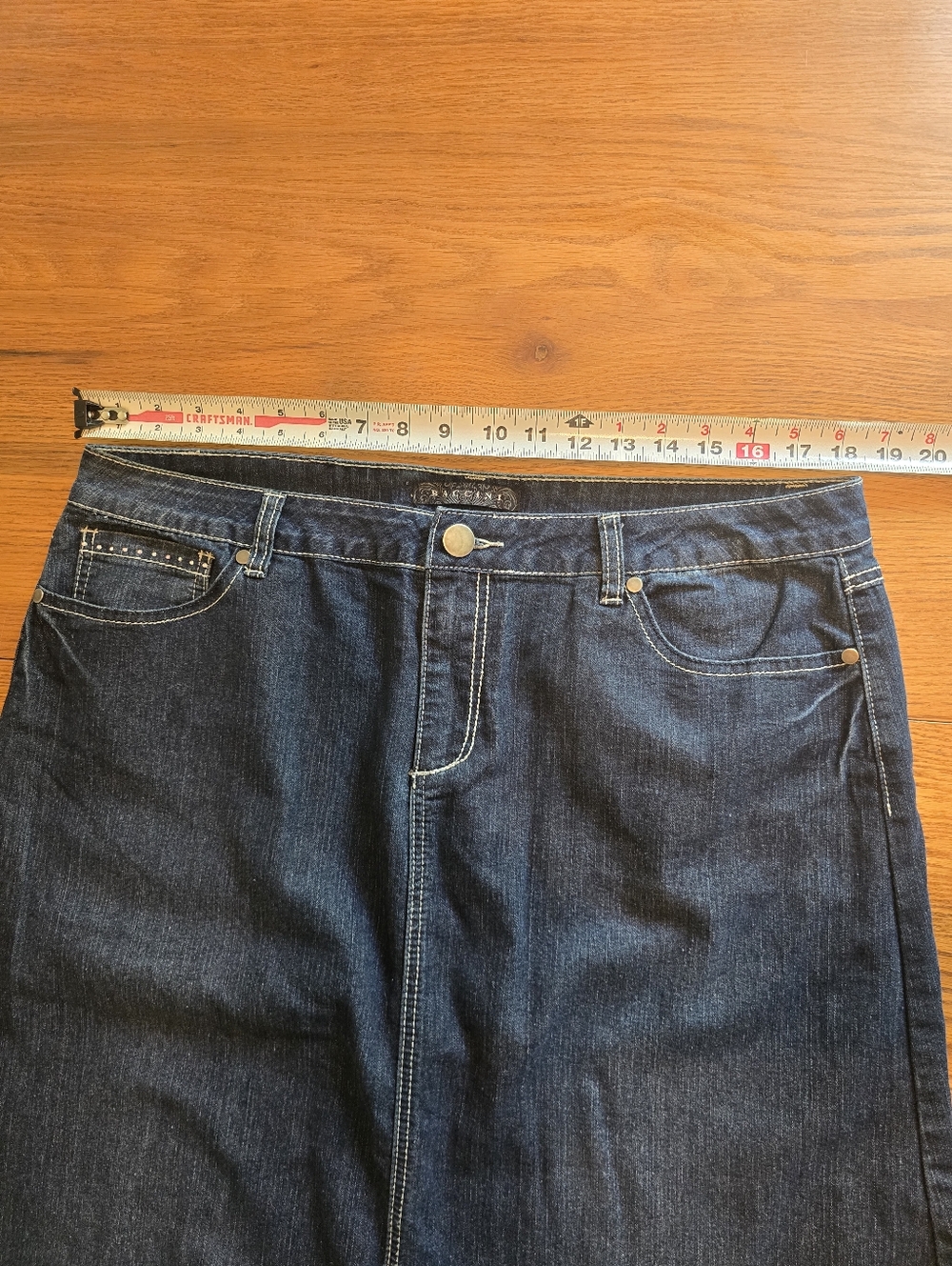 Baccini 16 Blue Jean Denim Skirt Midi Dark Wash Jewels Bling Pockets No Slits - Picture 7 of 8